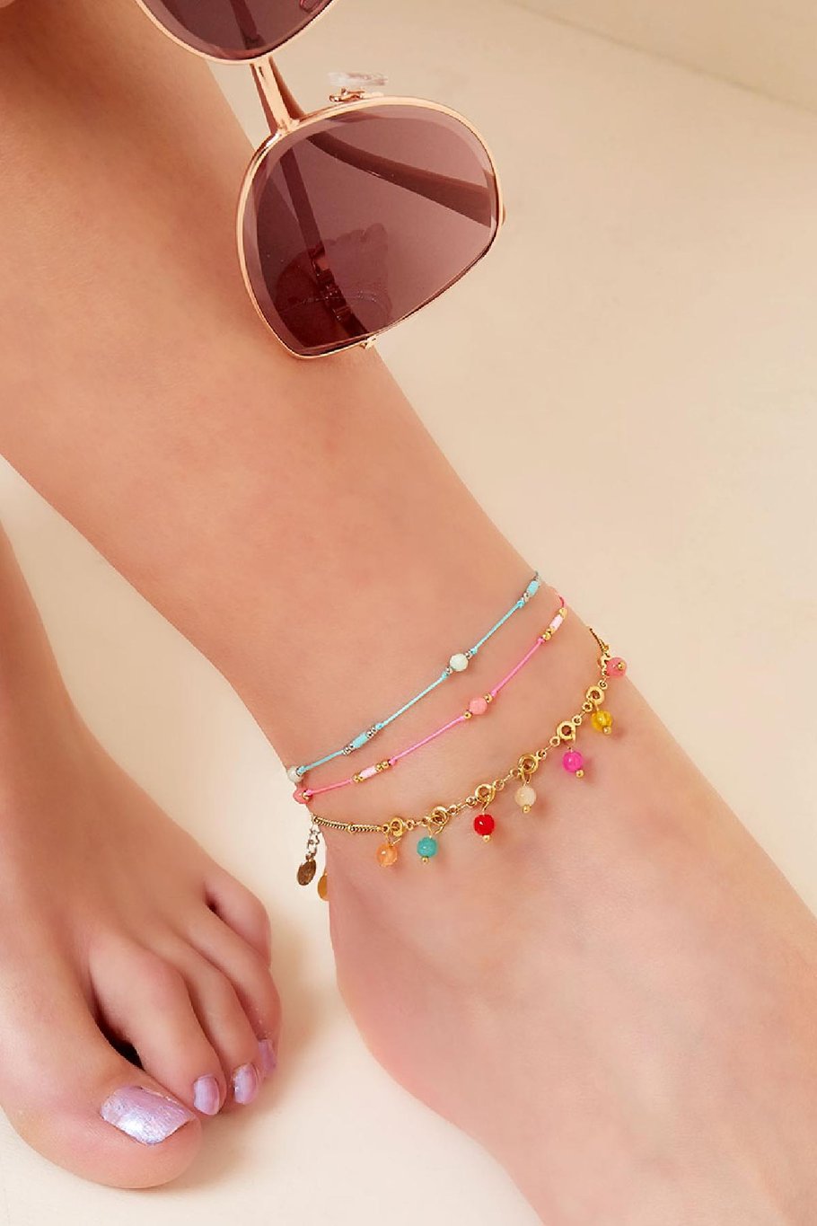Cordon de cheville couleurs &amp; perles Rosé Acier inoxydable Image2